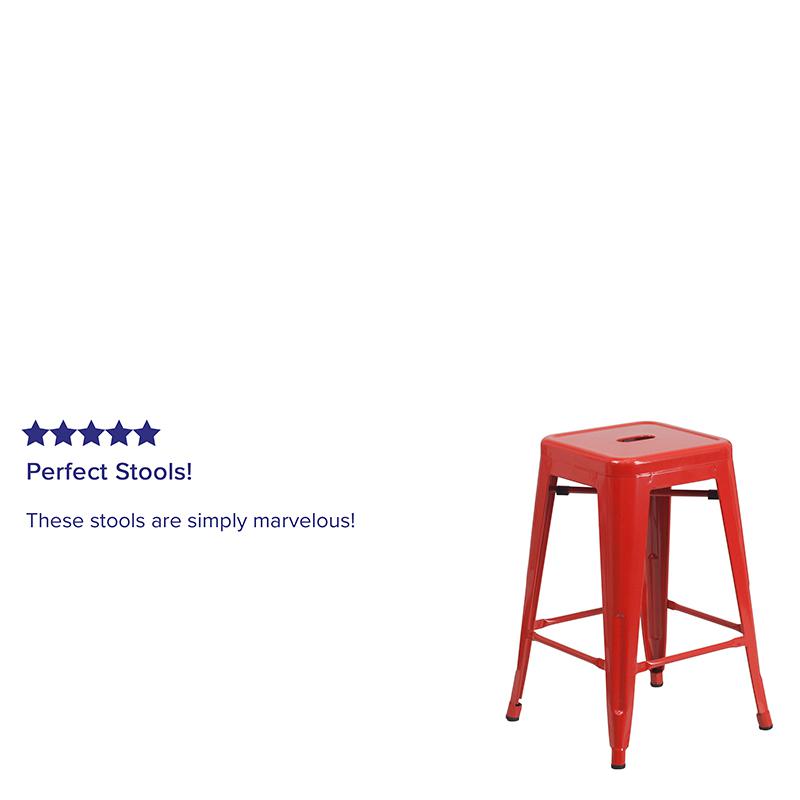 Commercial Grade 24" High Backless Red Metal Indoor-Outdoor Counter Height Stool with Square Seat. Picture 7