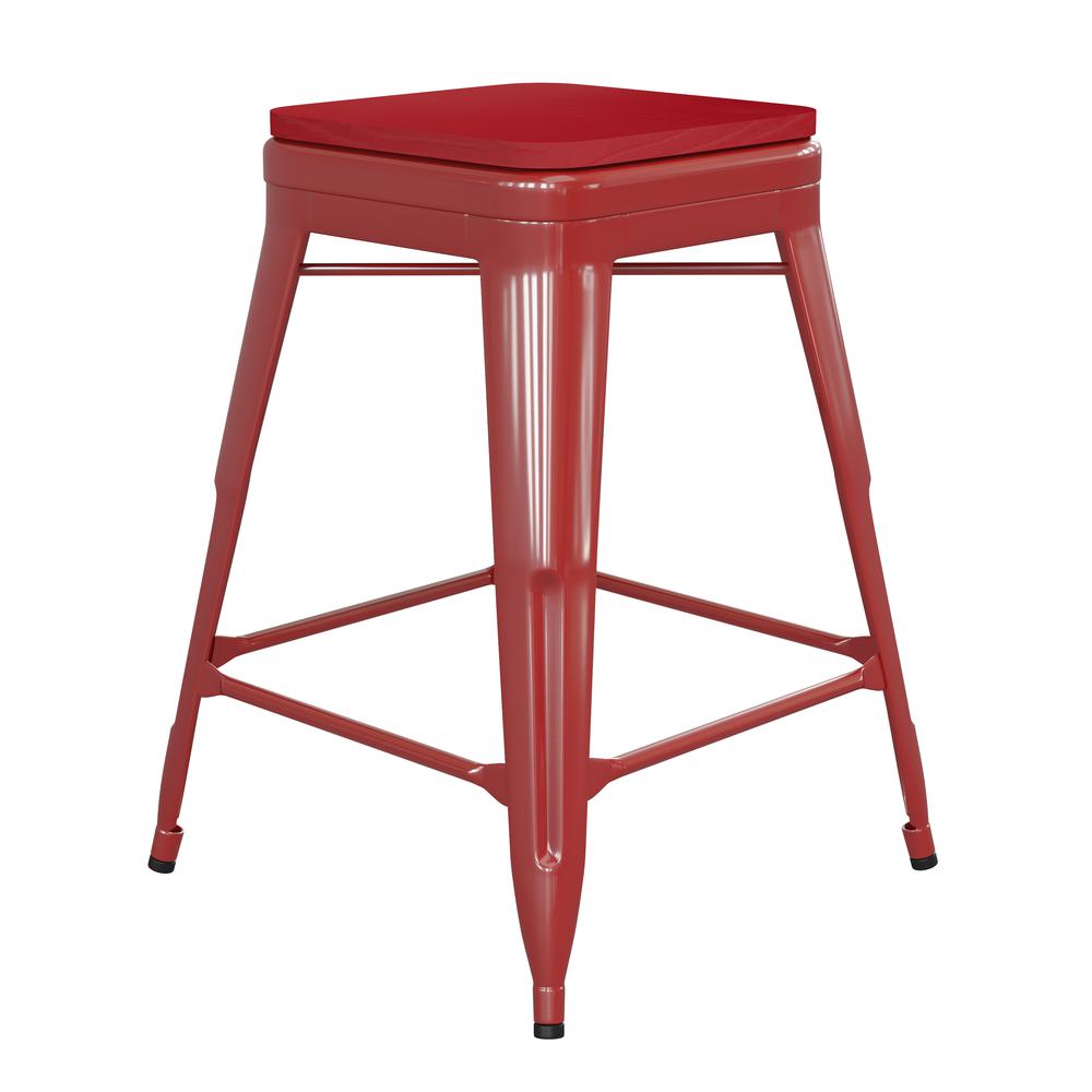 24" High Red Metal Indoor-Counter Height Stool with Red Poly Resin Wood Seat. Picture 2