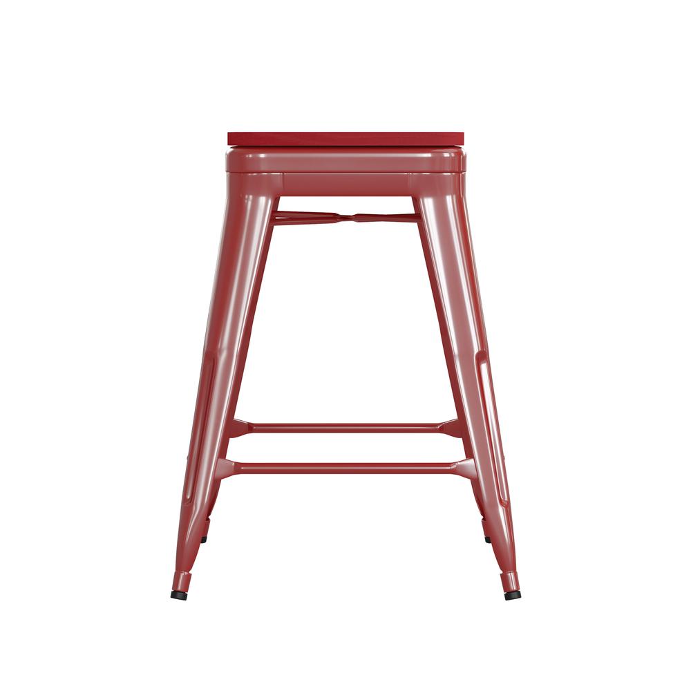24" High Red Metal Indoor-Counter Height Stool with Red Poly Resin Wood Seat. Picture 10