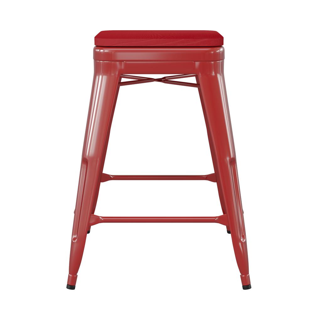 24" High Red Metal Indoor-Counter Height Stool with Red Poly Resin Wood Seat. Picture 9