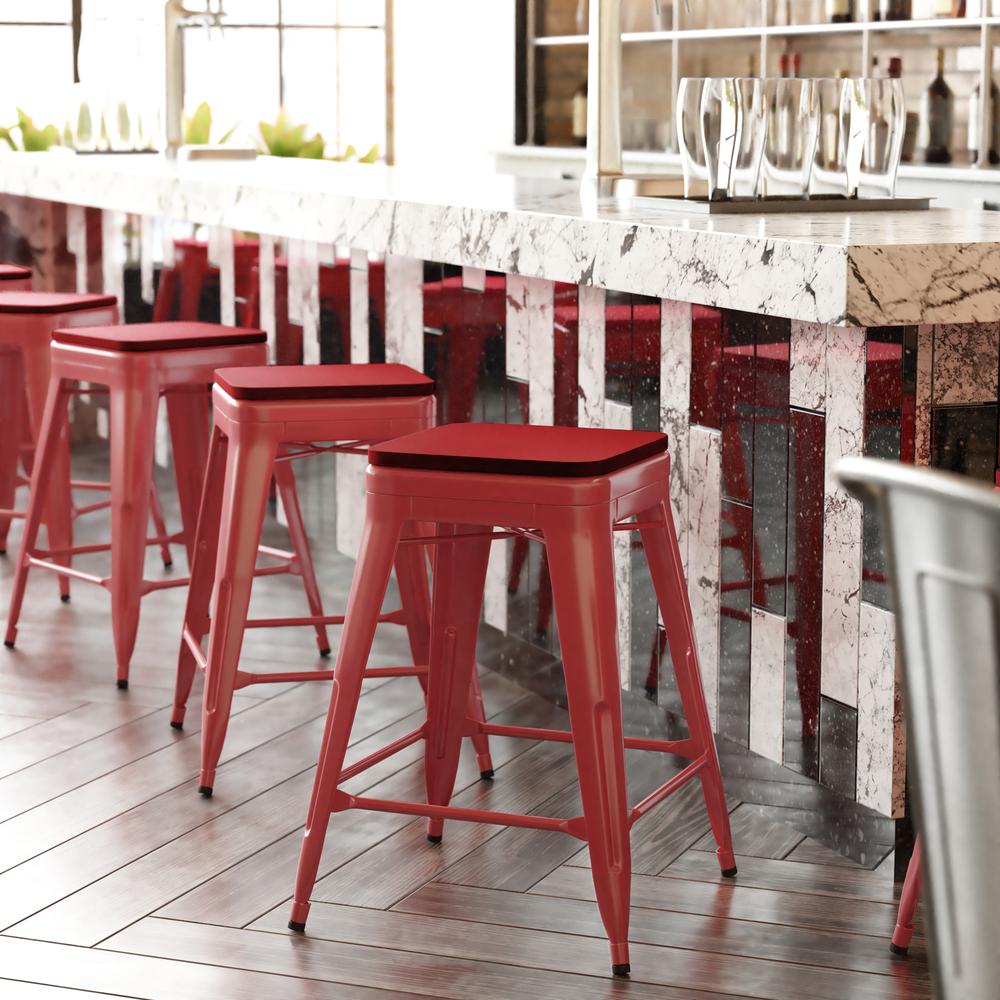 24" High Red Metal Indoor-Counter Height Stool with Red Poly Resin Wood Seat. Picture 1