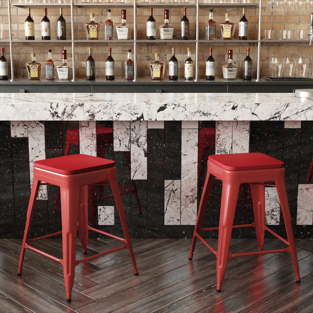 24" High Red Metal Indoor-Counter Height Stool with Red Poly Resin Wood Seat. Picture 7