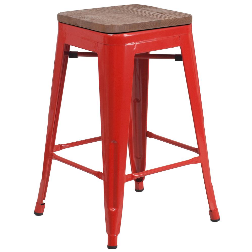 24" High Backless Red Metal Counter Height Stool with Square Wood Seat. Picture 1