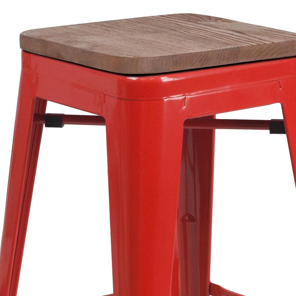 24" High Backless Red Metal Counter Height Stool with Square Wood Seat. Picture 2