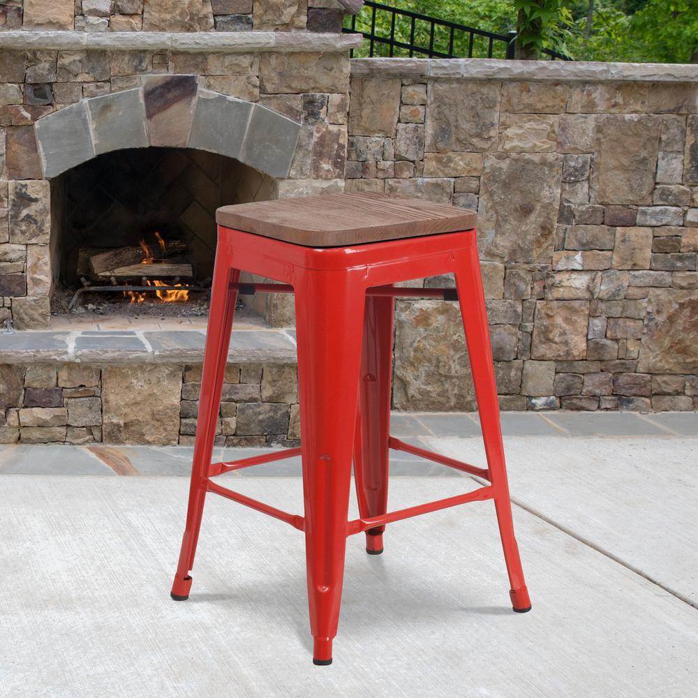 24" High Backless Red Metal Counter Height Stool with Square Wood Seat. Picture 5