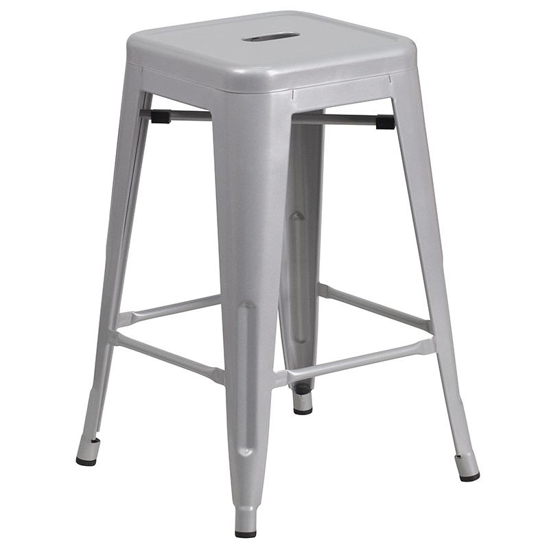 Commercial Grade 24" High Backless Silver Metal Indoor-Outdoor Counter Height Stool with Square Seat. The main picture.