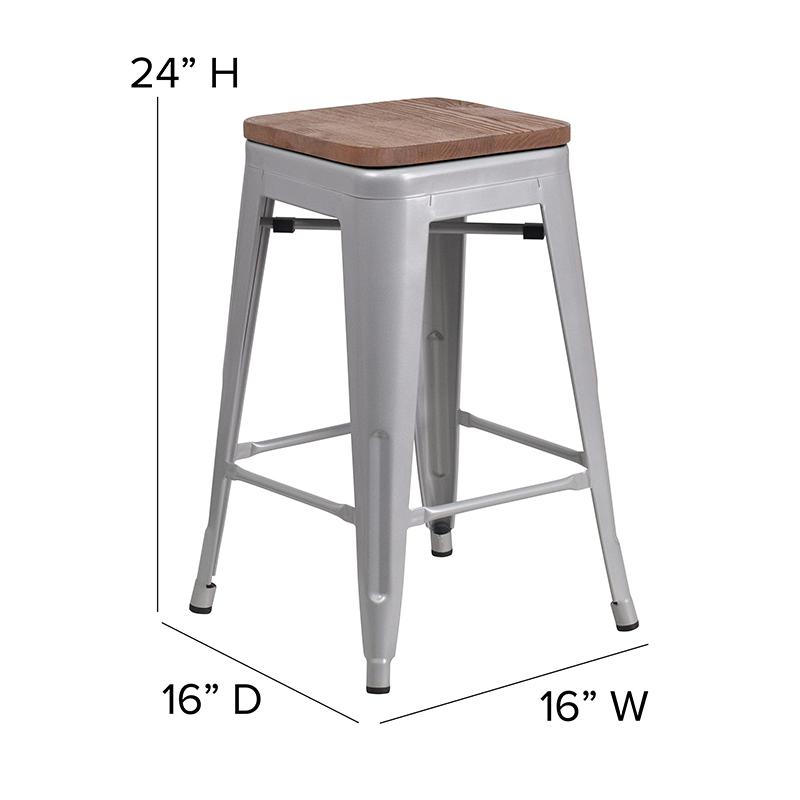Commercial Grade 24" High Backless Silver Metal Indoor-Outdoor Counter Height Stool with Square Seat. Picture 6