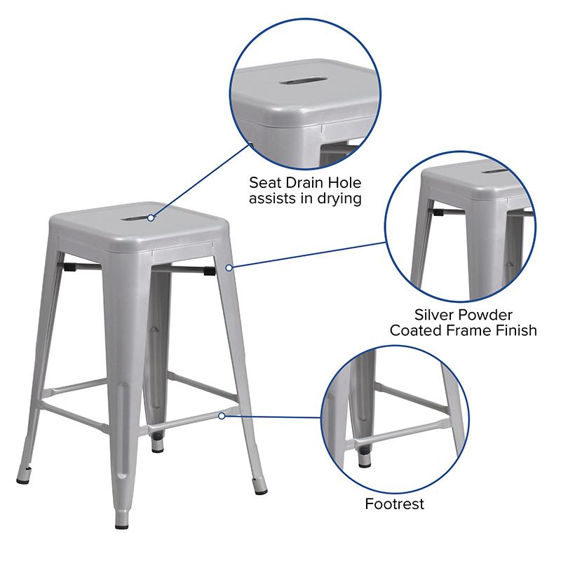 Commercial Grade 24" High Backless Silver Metal Indoor-Outdoor Counter Height Stool with Square Seat. Picture 3