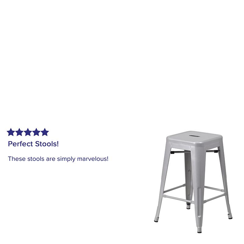 Commercial Grade 24" High Backless Silver Metal Indoor-Outdoor Counter Height Stool with Square Seat. Picture 7
