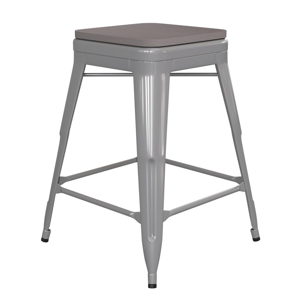 24" High Silver Metal Indoor-Counter Height Stool with Gray Poly Resin Wood Seat. Picture 2