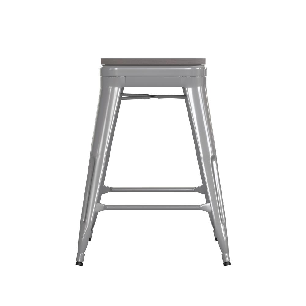 24" High Silver Metal Indoor-Counter Height Stool with Gray Poly Resin Wood Seat. Picture 10