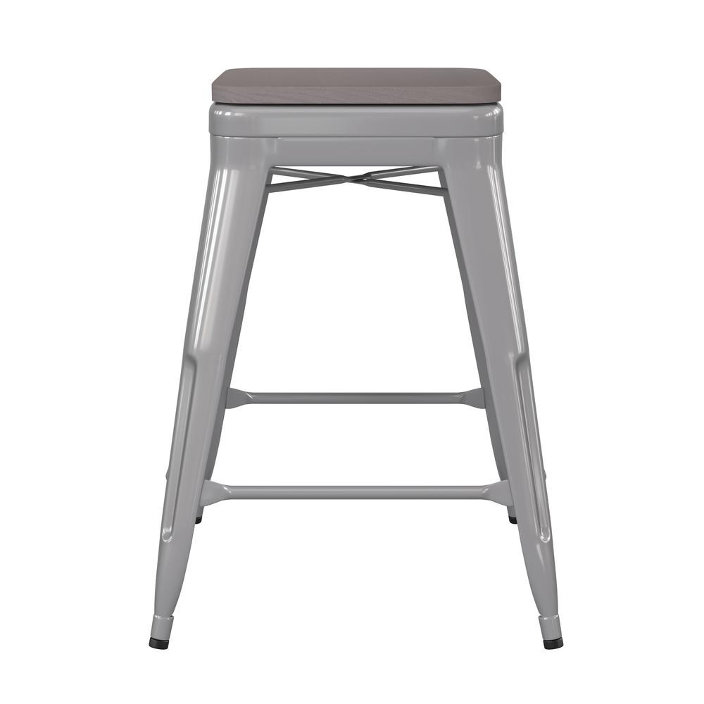 24" High Silver Metal Indoor-Counter Height Stool with Gray Poly Resin Wood Seat. Picture 9