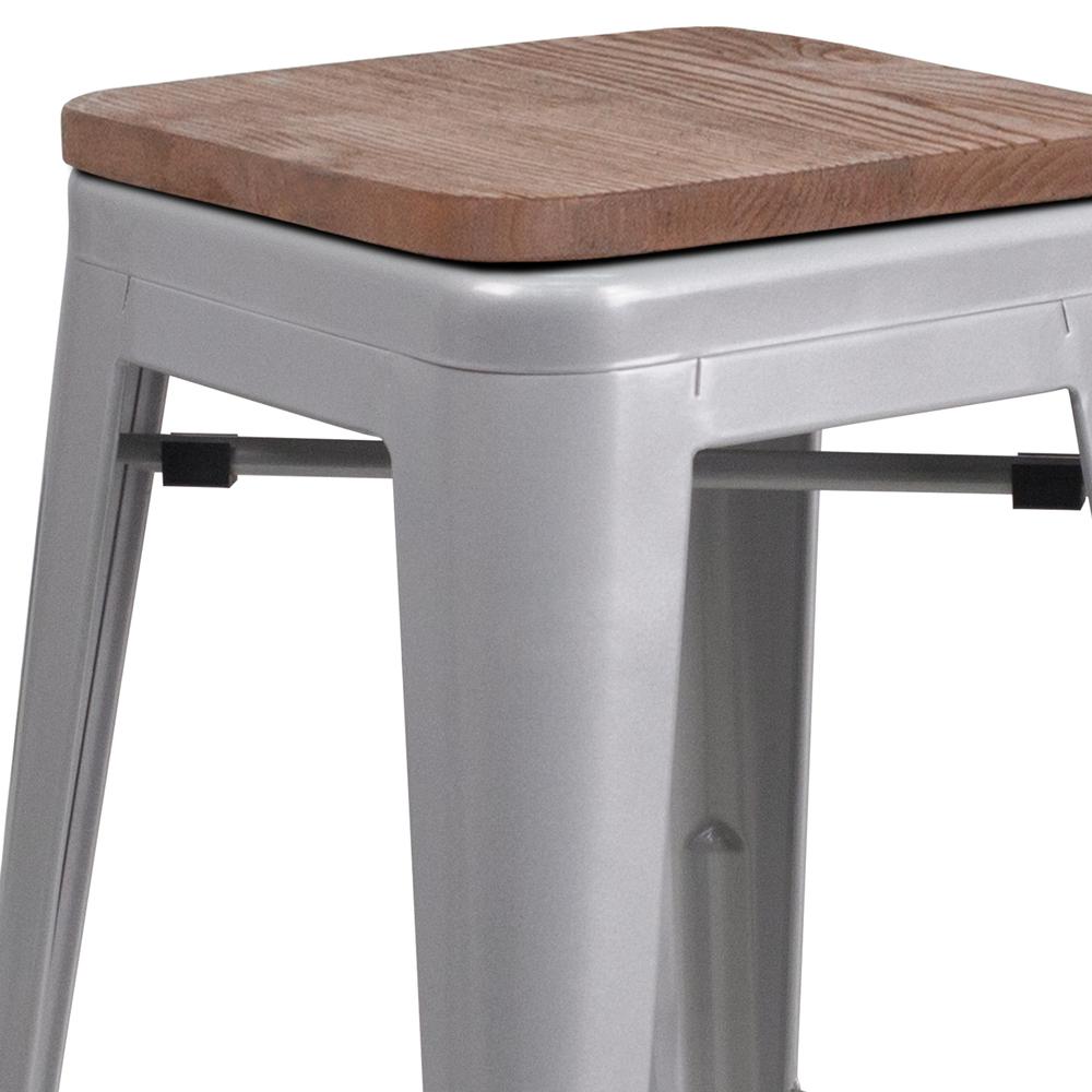 24" High Backless Silver Metal Counter Height Stool with Square Wood Seat. Picture 2