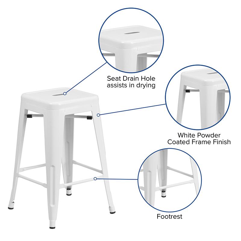 Commercial Grade 24" High Backless White Metal Indoor-Outdoor Counter Height Stool with Square Seat. Picture 3
