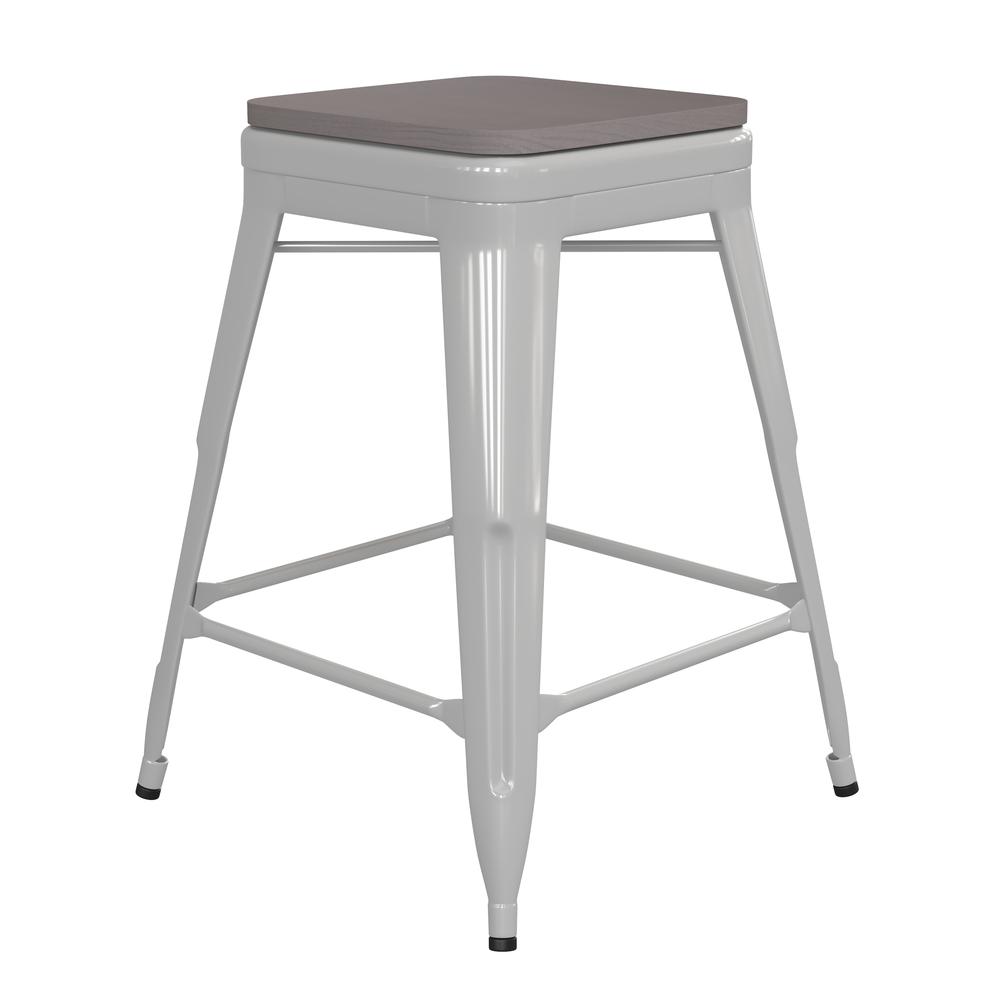 Kai Commercial Grade 24" High Backless White Metal Indoor-Outdoor Counter Height Stool with Square Gray Poly Resin Wood Seat. Picture 2