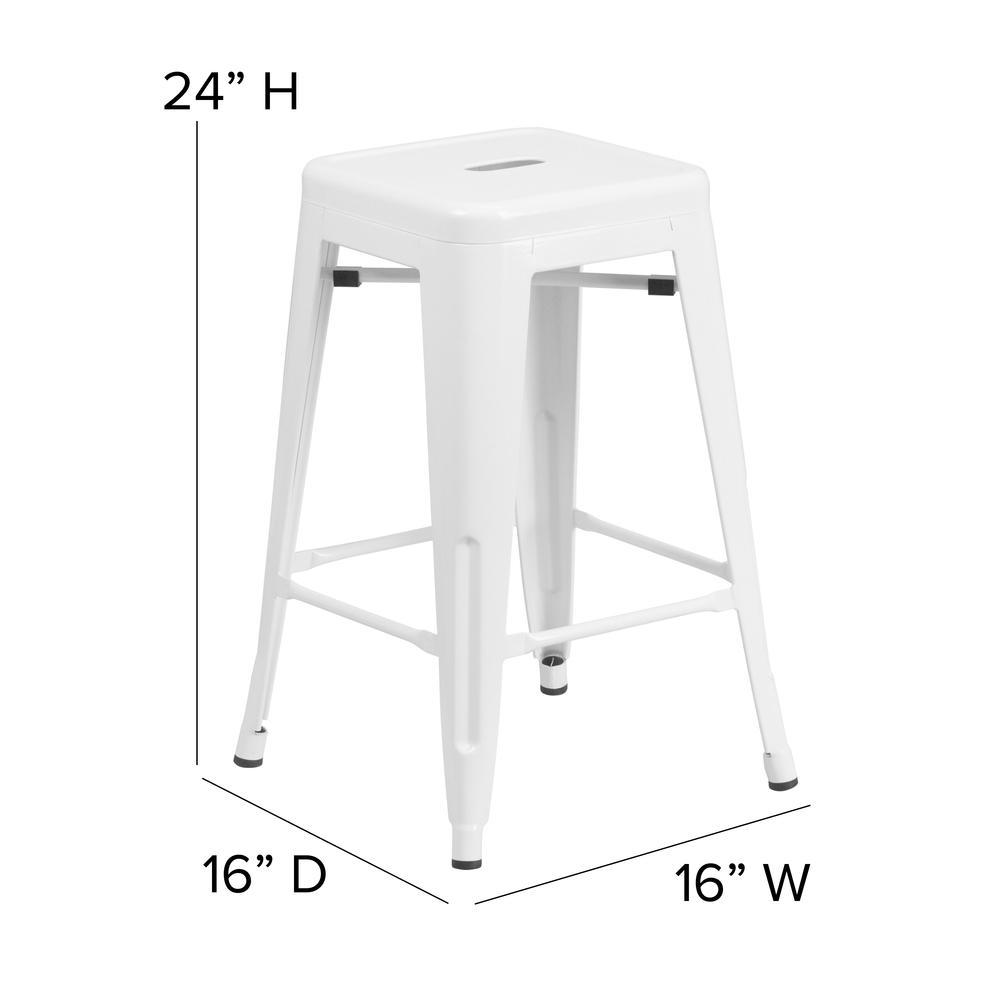 Kai Commercial Grade 24" High Backless White Metal Indoor-Outdoor Counter Height Stool with Square Gray Poly Resin Wood Seat. Picture 5