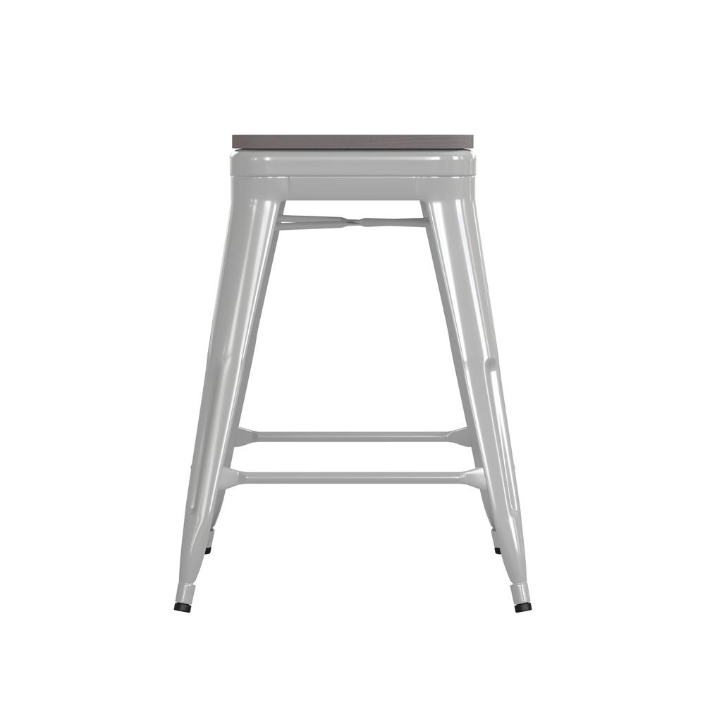 Kai Commercial Grade 24" High Backless White Metal Indoor-Outdoor Counter Height Stool with Square Gray Poly Resin Wood Seat. Picture 10