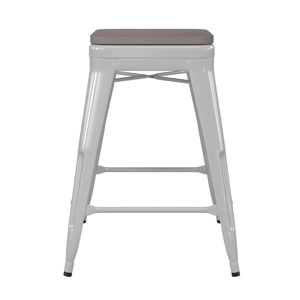 Kai Commercial Grade 24" High Backless White Metal Indoor-Outdoor Counter Height Stool with Square Gray Poly Resin Wood Seat. Picture 9