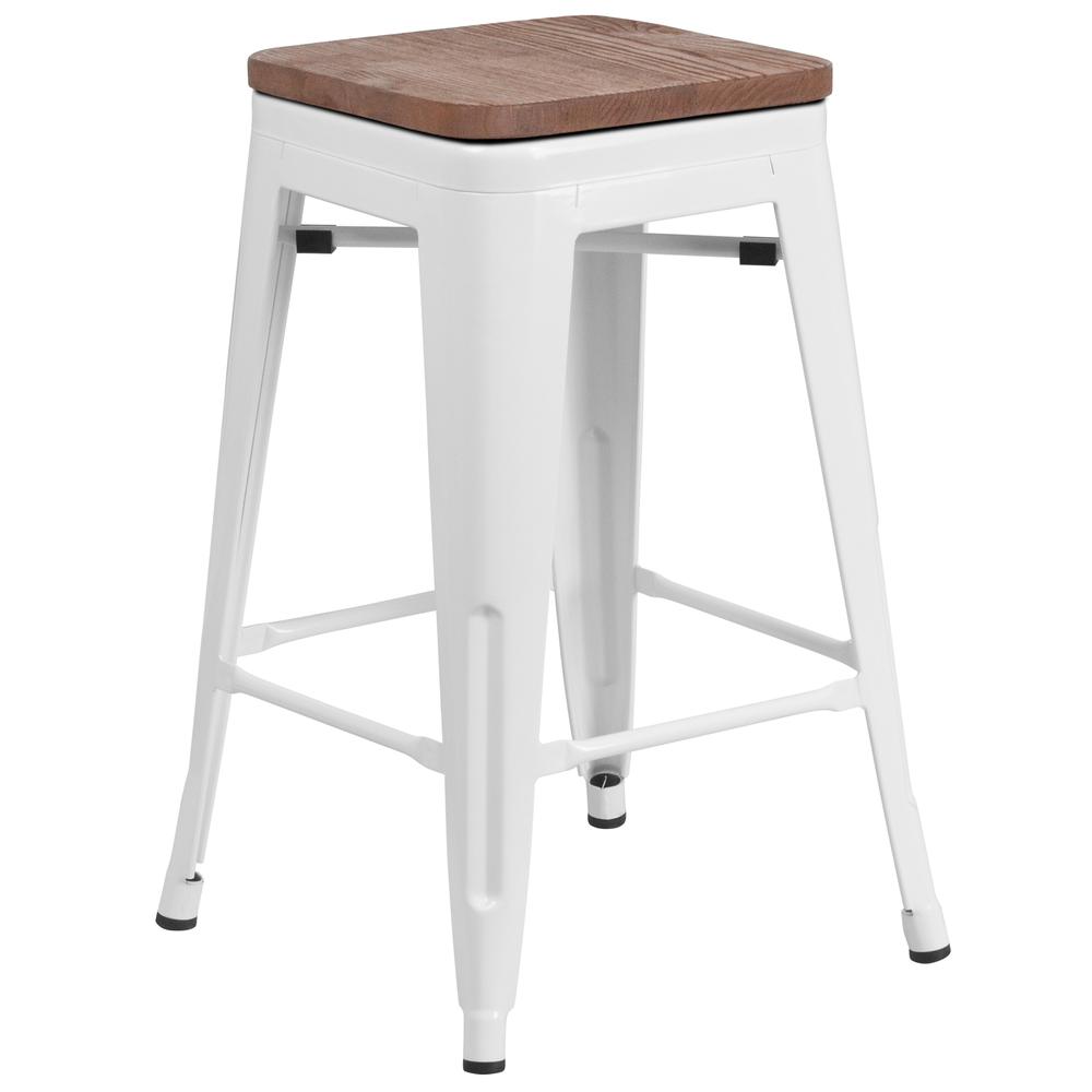 24" High Backless White Metal Counter Height Stool with Square Wood Seat. Picture 1
