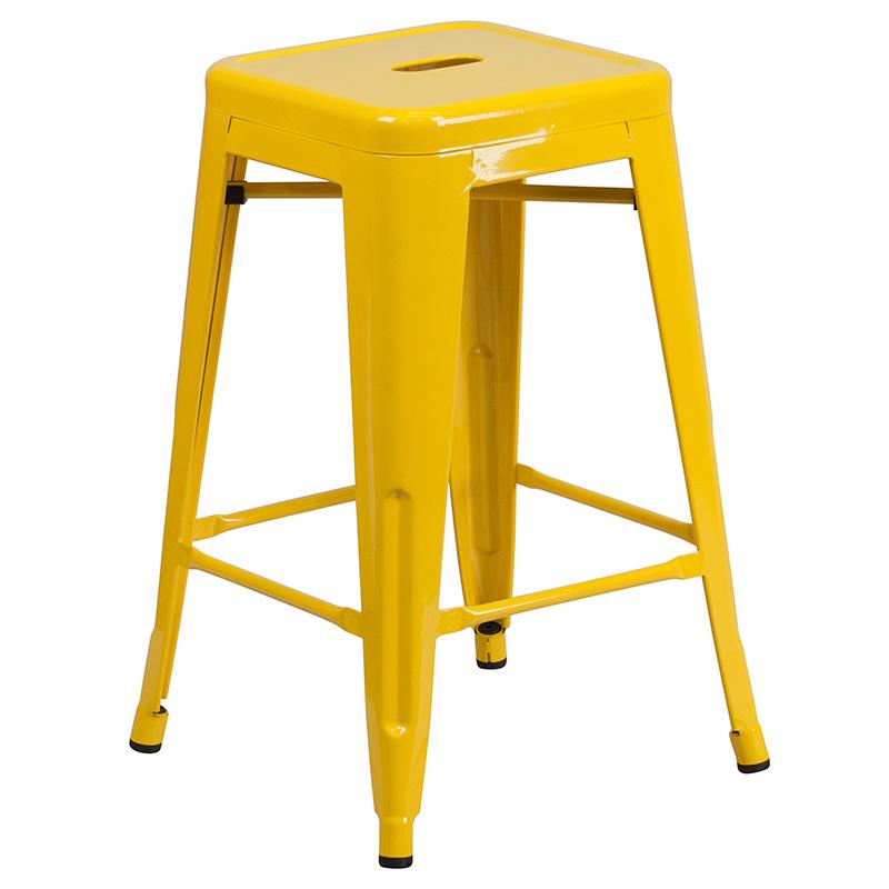 Commercial Grade 24" High Backless Yellow Metal Indoor-Outdoor Counter Height Stool with Square Seat. Picture 2