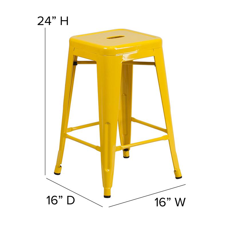 Commercial Grade 24" High Backless Yellow Metal Indoor-Outdoor Counter Height Stool with Square Seat. Picture 6