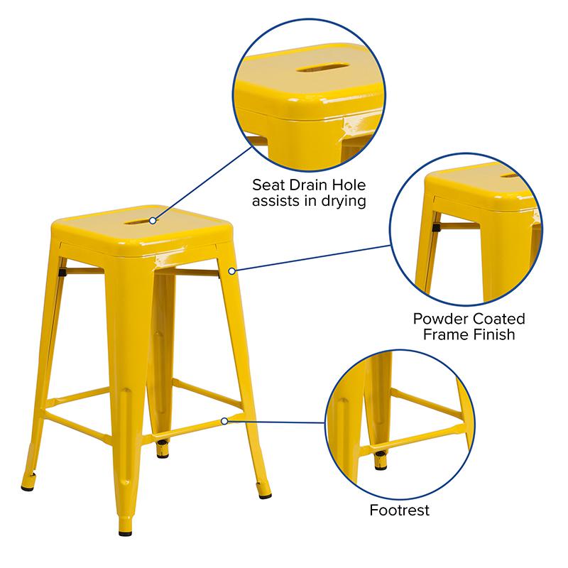 Commercial Grade 24" High Backless Yellow Metal Indoor-Outdoor Counter Height Stool with Square Seat. Picture 5