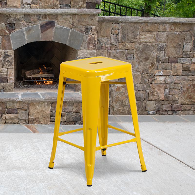 Commercial Grade 24" High Backless Yellow Metal Indoor-Outdoor Counter Height Stool with Square Seat. Picture 1