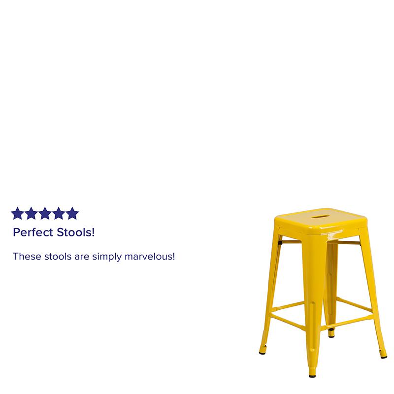 Commercial Grade 24" High Backless Yellow Metal Indoor-Outdoor Counter Height Stool with Square Seat. Picture 4