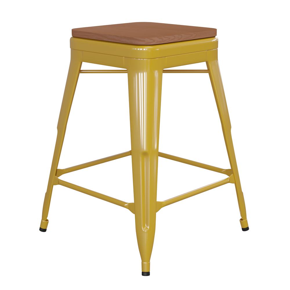 24" High Yellow Metal Indoor-Counter Height Stool with Teak Poly Resin Wood Seat. Picture 2