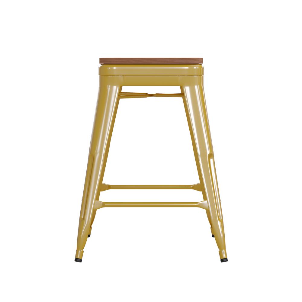 24" High Yellow Metal Indoor-Counter Height Stool with Teak Poly Resin Wood Seat. Picture 10