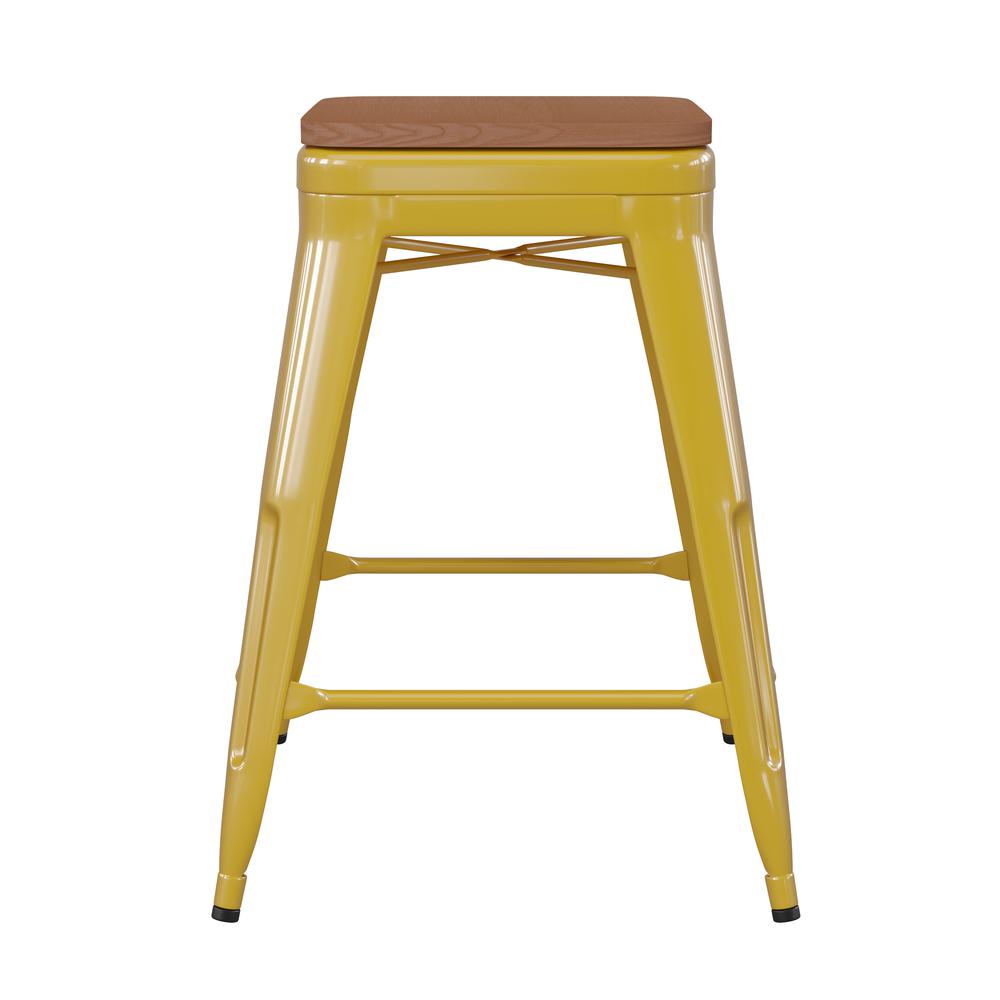 24" High Yellow Metal Indoor-Counter Height Stool with Teak Poly Resin Wood Seat. Picture 9