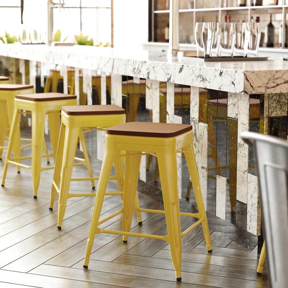 24" High Yellow Metal Indoor-Counter Height Stool with Teak Poly Resin Wood Seat. Picture 1