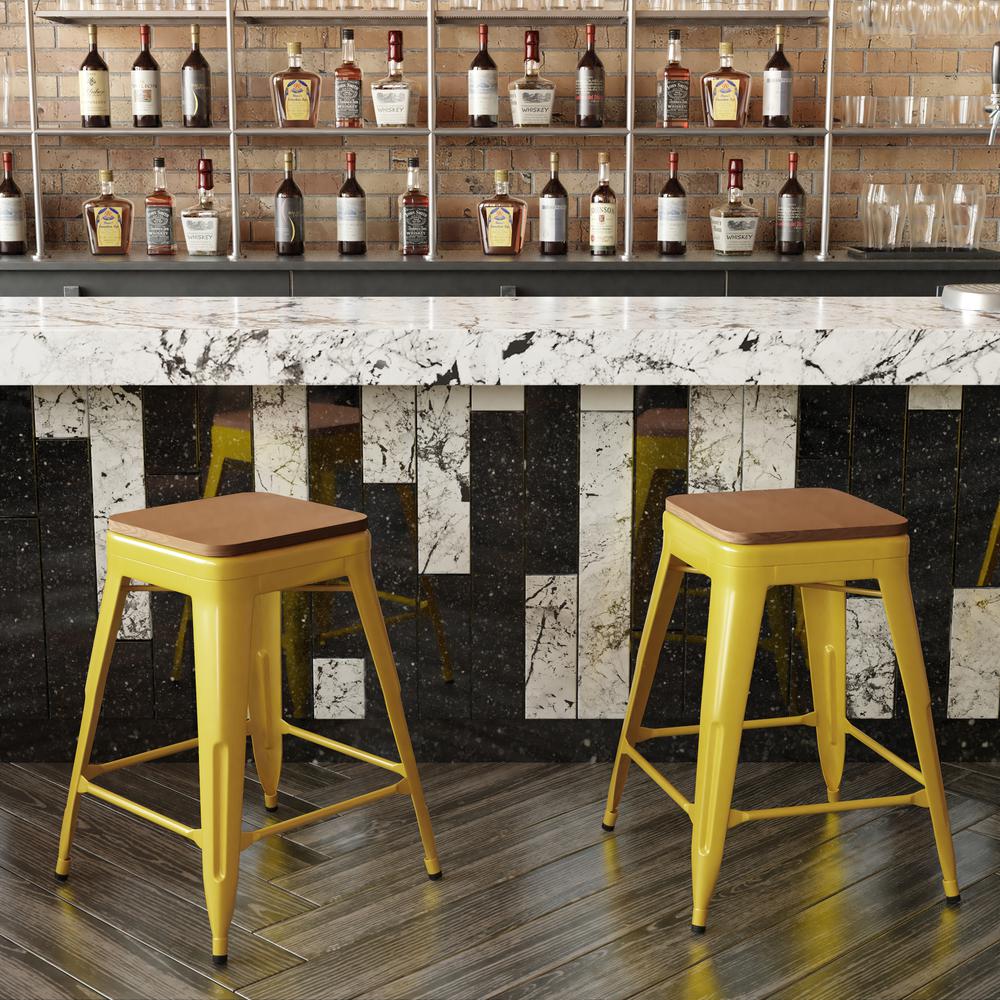 24" High Yellow Metal Indoor-Counter Height Stool with Teak Poly Resin Wood Seat. Picture 7