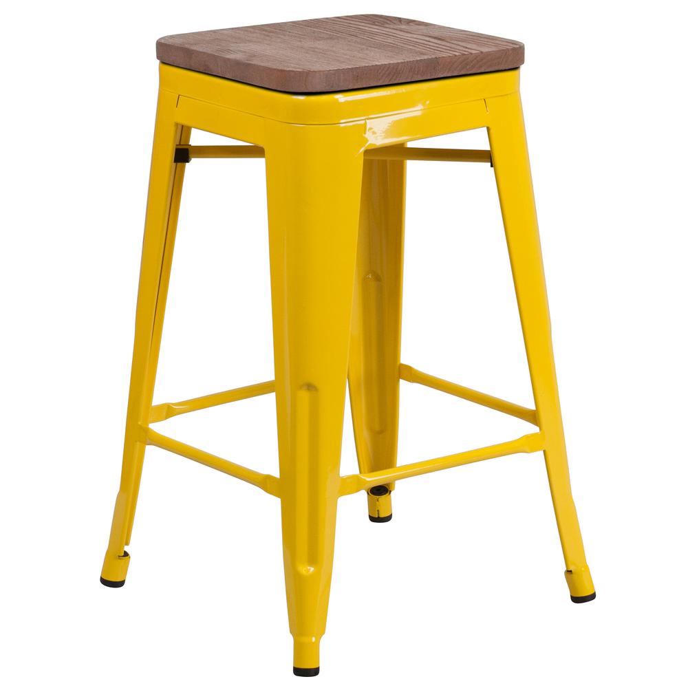24" High Backless Yellow Metal Counter Height Stool with Square Wood Seat. Picture 1