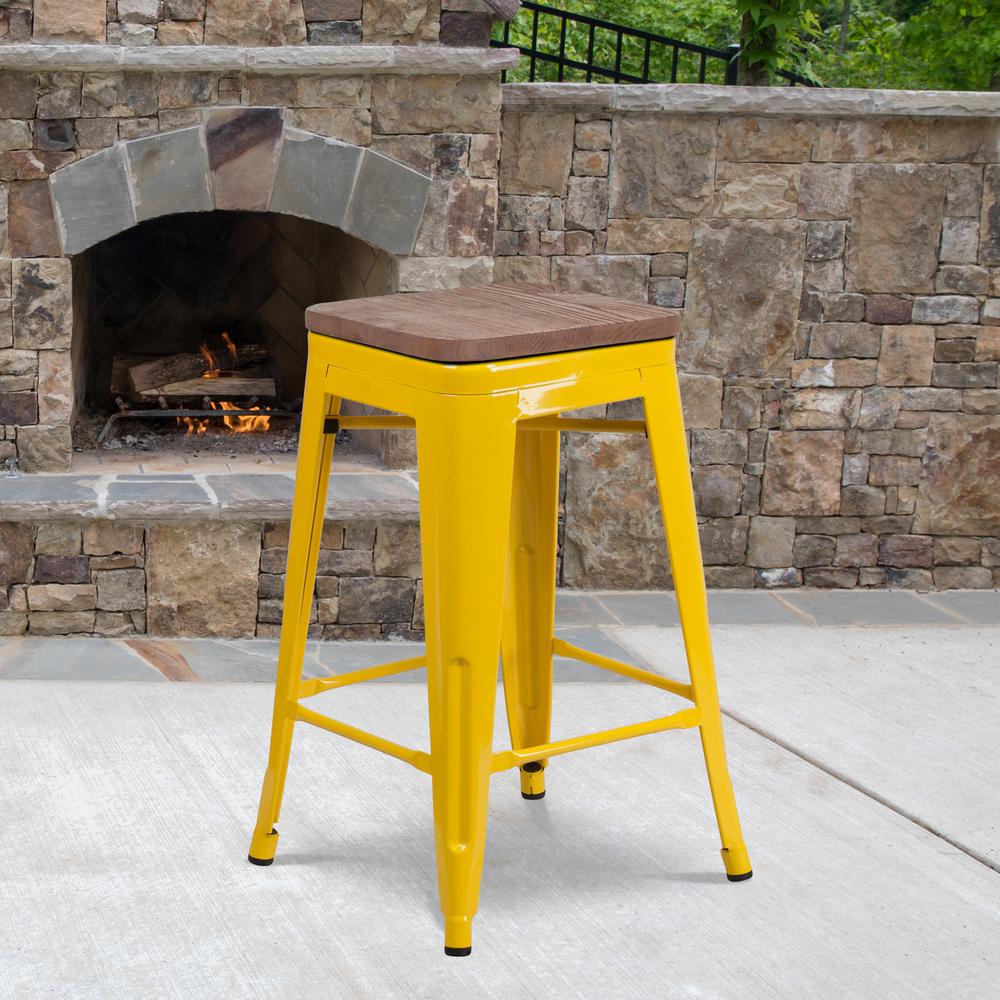 24" High Backless Yellow Metal Counter Height Stool with Square Wood Seat. Picture 5