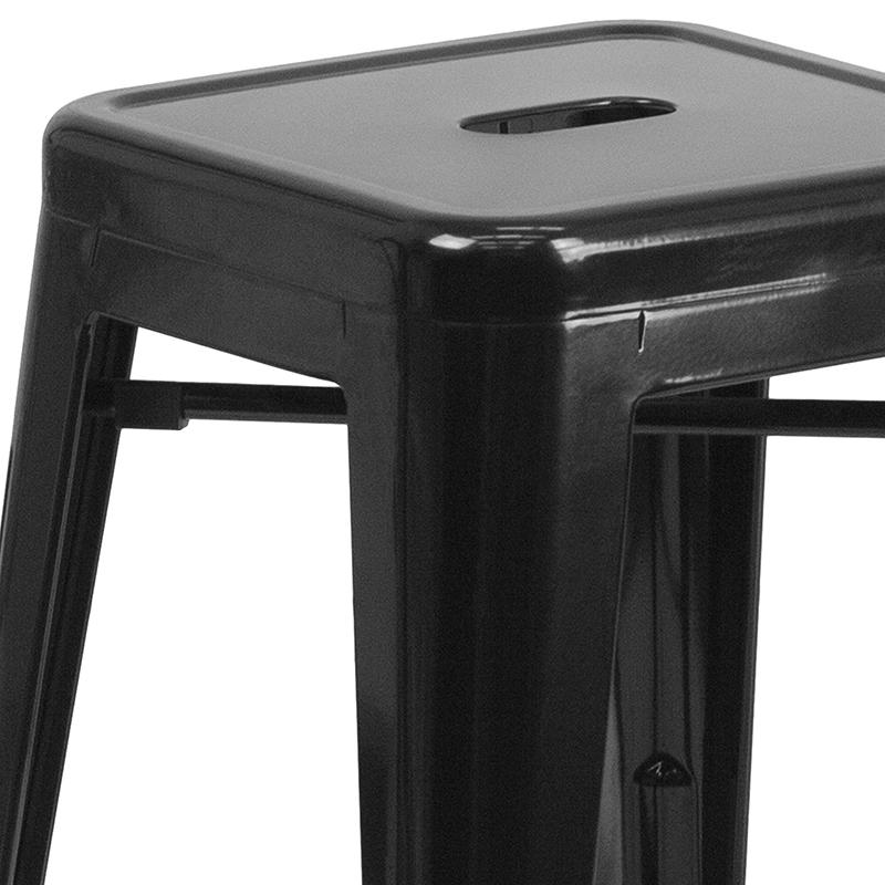 Commercial Grade 30" High Backless Black Metal Indoor-Outdoor Barstool with Square Seat. Picture 3