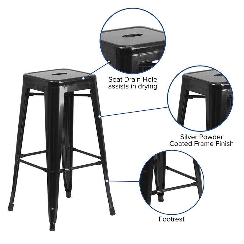 Commercial Grade 30" High Backless Black Metal Indoor-Outdoor Barstool with Square Seat. Picture 6
