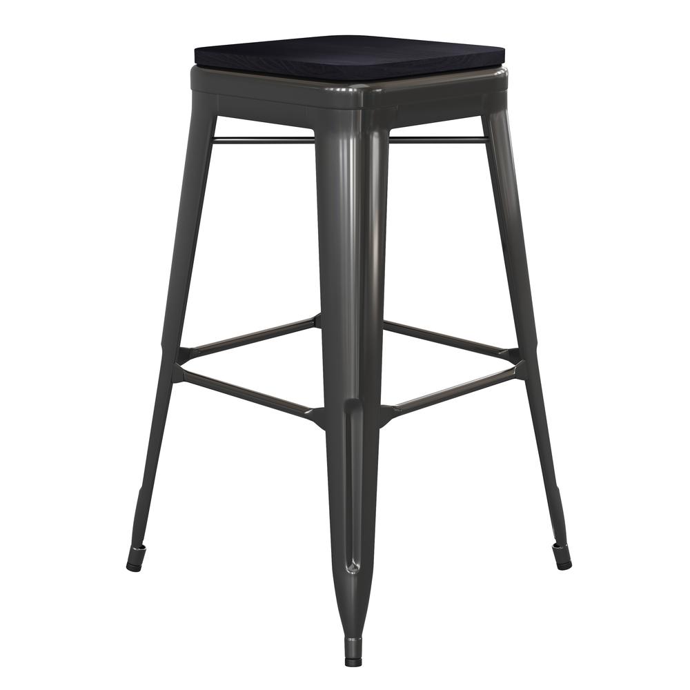 Kai Commercial Grade 30" High Backless Black Metal Indoor-Outdoor Barstool with Square Black Poly Resin Wood Seat. Picture 2