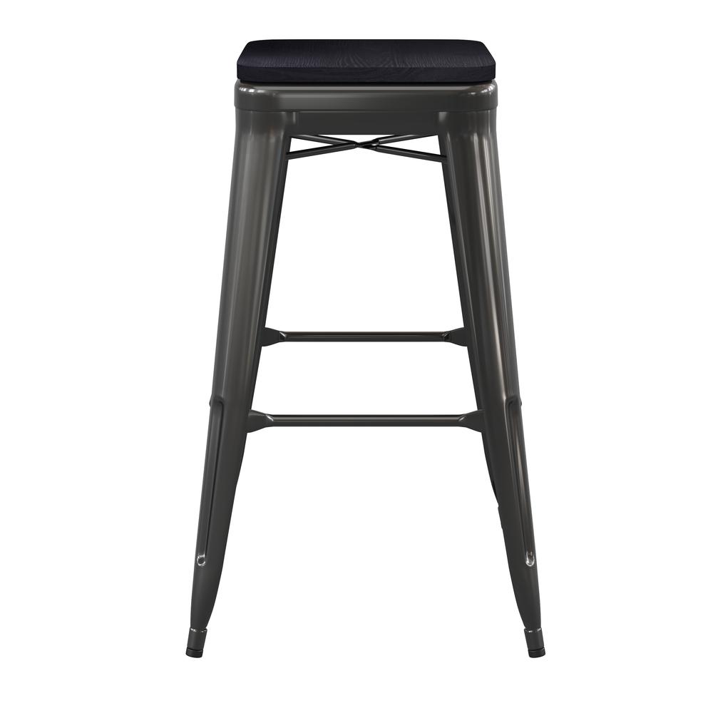 Kai Commercial Grade 30" High Backless Black Metal Indoor-Outdoor Barstool with Square Black Poly Resin Wood Seat. Picture 9
