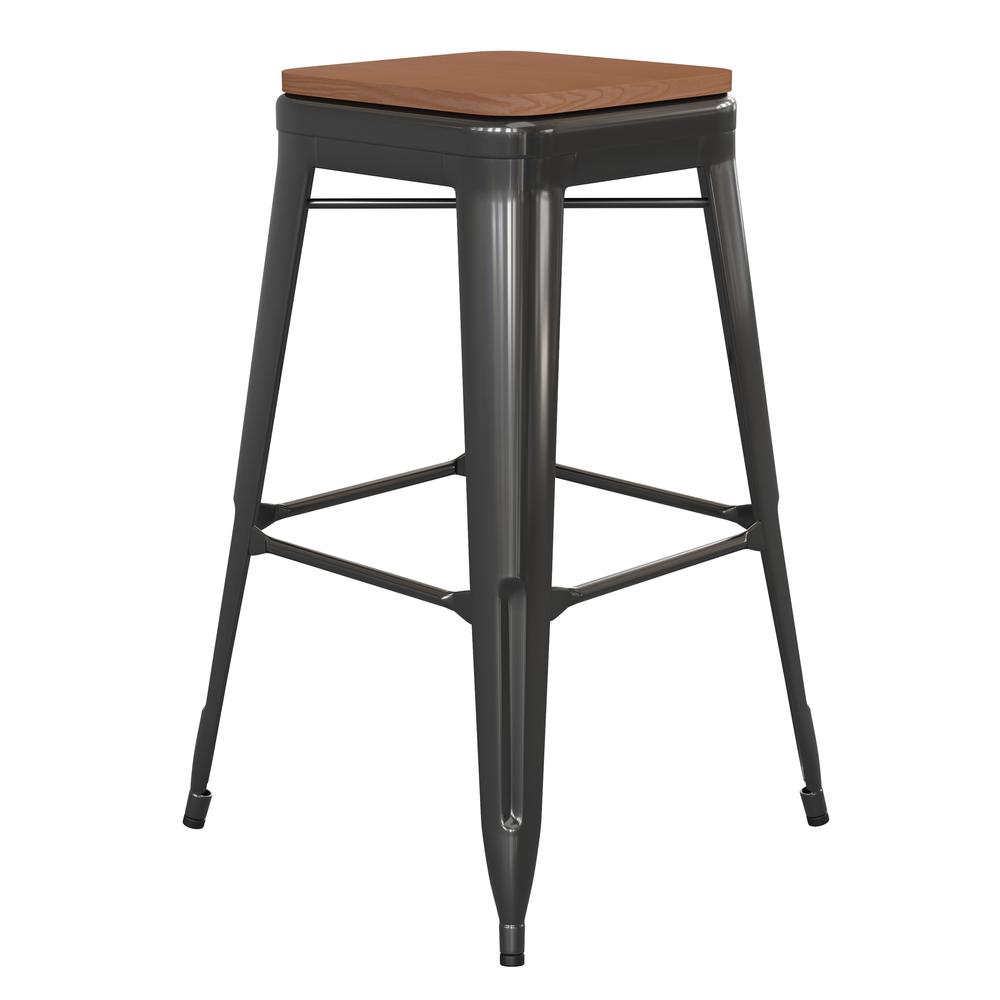 30" High Black Metal Indoor-Outdoor Barstool with Teak Poly Resin Wood Seat. Picture 2