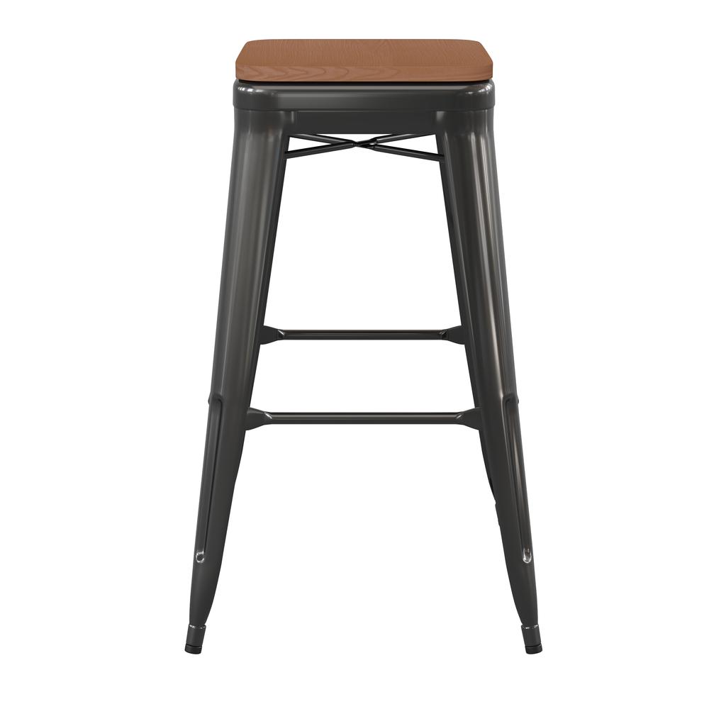 30" High Black Metal Indoor-Outdoor Barstool with Teak Poly Resin Wood Seat. Picture 9