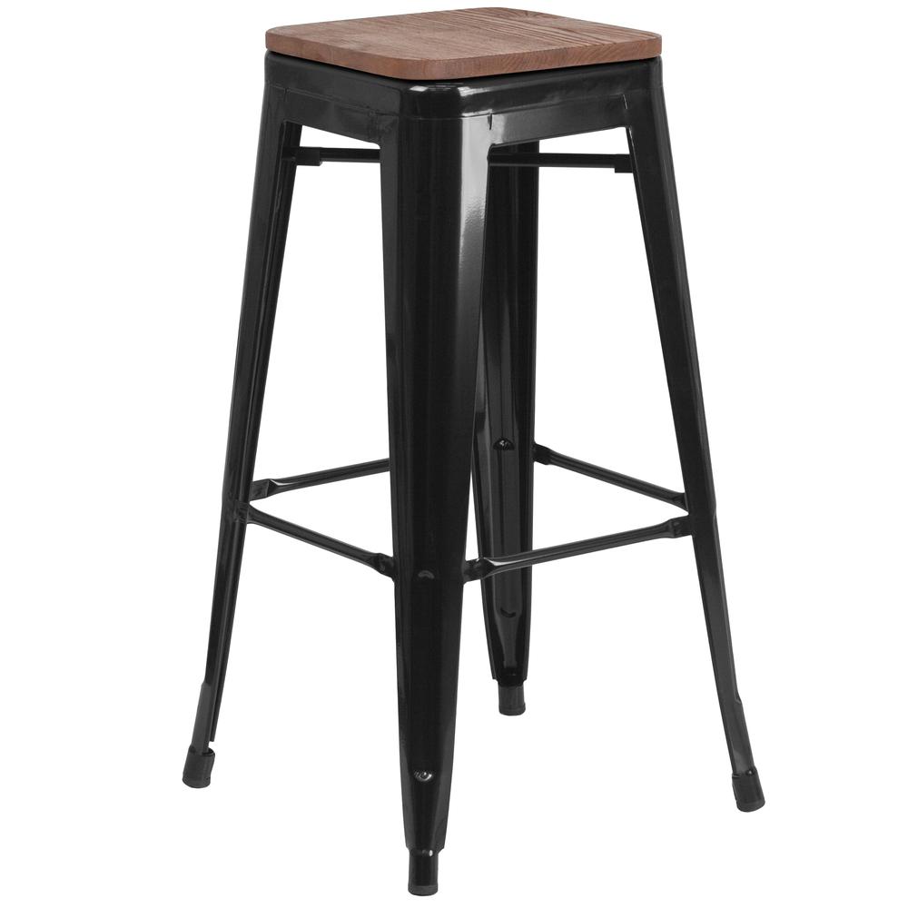 30" High Backless Black Metal Barstool with Square Wood Seat. The main picture.