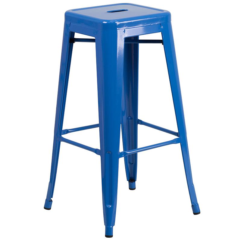 Commercial Grade 30" High Backless Blue Metal Indoor-Outdoor Barstool with Square Seat. Picture 1