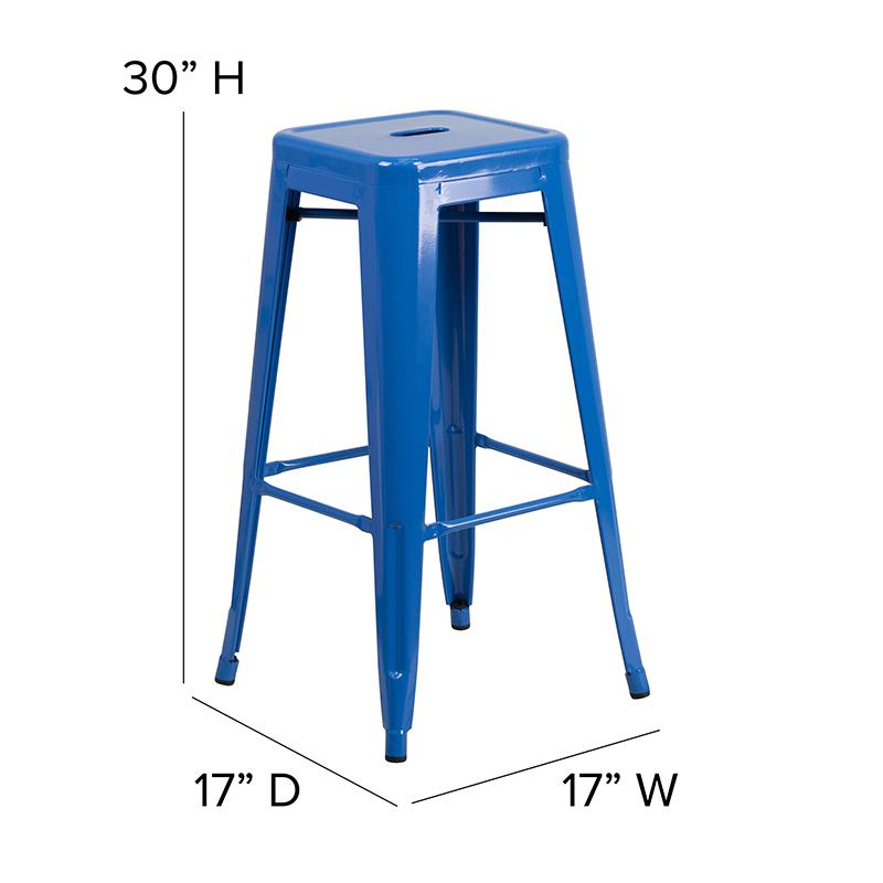 30" High Backless Blue Metal Indoor-Outdoor Barstool with Square Seat. Picture 6