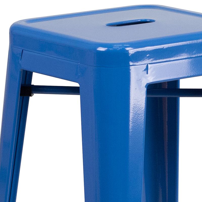 30" High Backless Blue Metal Indoor-Outdoor Barstool with Square Seat. Picture 7