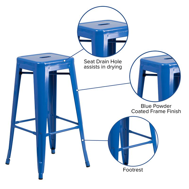 30" High Backless Blue Metal Indoor-Outdoor Barstool with Square Seat. Picture 5