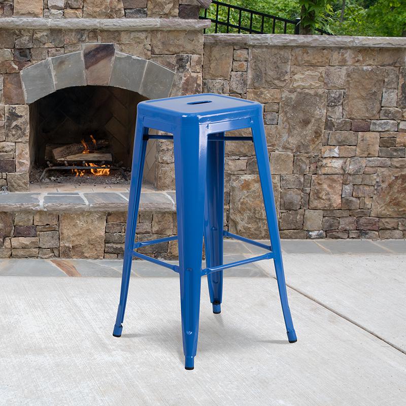 30" High Backless Blue Metal Indoor-Outdoor Barstool with Square Seat. Picture 1