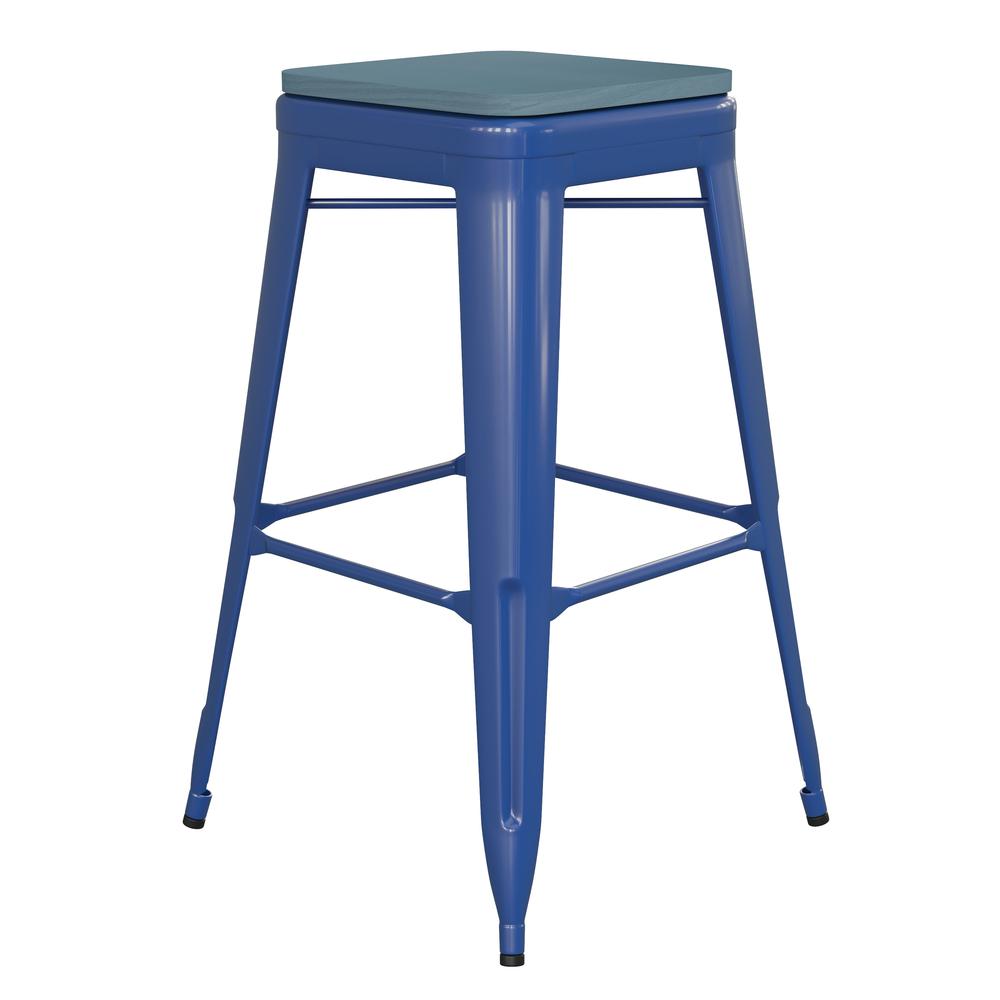 30" High Blue Metal Indoor-Outdoor Barstool with Teal-Blue Poly Resin Wood Seat. Picture 2