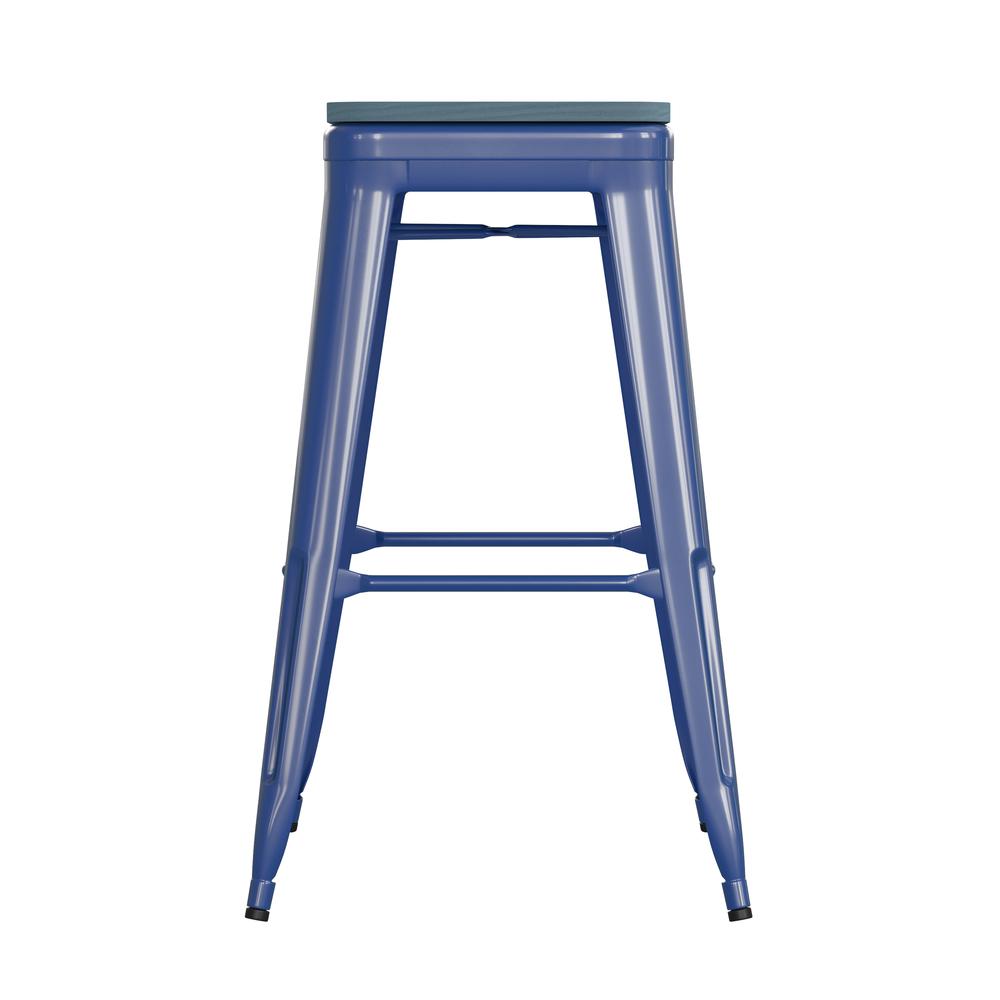 30" High Blue Metal Indoor-Outdoor Barstool with Teal-Blue Poly Resin Wood Seat. Picture 10