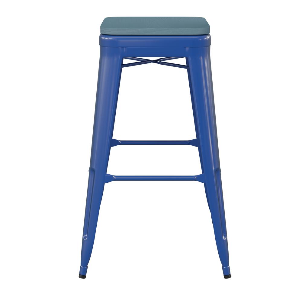 30" High Blue Metal Indoor-Outdoor Barstool with Teal-Blue Poly Resin Wood Seat. Picture 9